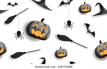 Happy Halloween pumpkin spider bat witch hat broom on white seamless pattern background for holiday festival party celebration design vector illustration.