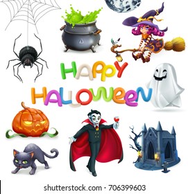 Feliz Halloween. Calabaza, araña, gato, bruja, vampiro, cripta y letras, conjunto de iconos de vectores 3d