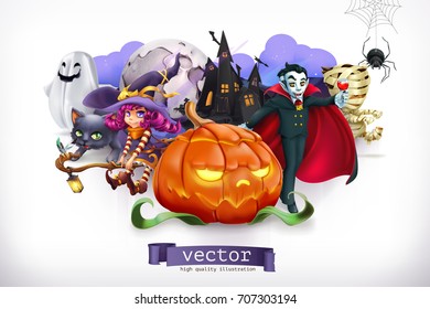 Happy Halloween. Pumpkin, spider, cat, witch, vampire, 3d vector illustration