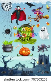 Happy Halloween. Pumpkin, spider, cat, witch, vampire and cemetery landscape, 3d vector icon set