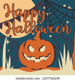 Happy Halloween with pumpkin and spider web, Vector illustration. Text Banner