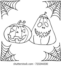 Happy Halloween with a pumpkin and spider web on grunge background. This illustration can be used as a greeting card, poster or print. Happy Halloween pumpkin and spider web vector illustration