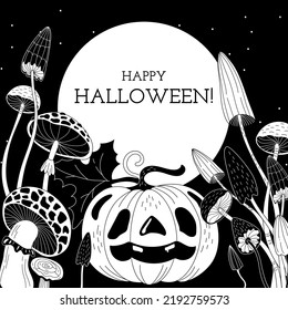 Happy Halloween. Pumpkin surrounded by mystical mushrooms. Doodle style.