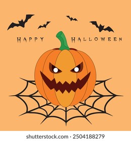 Happy Halloween. Pumpkin is a symbol of the holiday. Postcard, party invitation, Mystical creative modern aesthetic doodle elements. Abstract flat vector illustration. on an orange background.