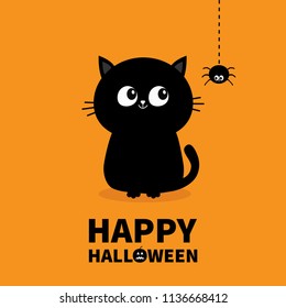 Happy Halloween. Pumpkin text. Black cat sitting silhouette looking at hanging spider insect. Dash line web. Cute cartoon character. Pet baby Greeting card. Flat design. Orange background. Vector