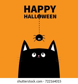 Happy Halloween pumpkin text. Black cat face head silhouette looking up to hanging on dash line web spider insect Cute cartoon character Baby pet animal collection Flat design Orange background Vector