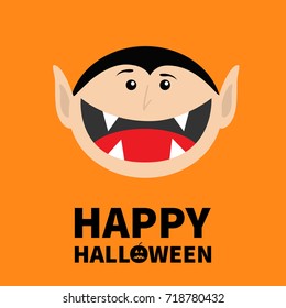 Happy Halloween pumpkin text. Count Dracula head face. Cute cartoon vampire character with fangs. Big mouth tongue. Baby greeting card. Flat design. Orange background. Isolated. Vector illustration