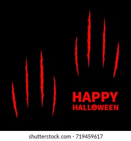 Happy Halloween pumpkin text. Two red bloody claws animal scratch scrape track set. Cat tiger scratches paw. Four nails trace. Flat design. Black background. Vector illustration