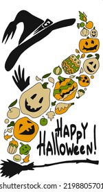 Happy Halloween. A pumpkin tornado under a witch's hat.