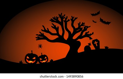 Happy halloween with pumpkin, tree, bat, spider in scary cemetery, mystical landscape, illustration design background.
