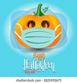 Happy Halloween. A pumpkin wearing a face mask for protection from coronavirus.
