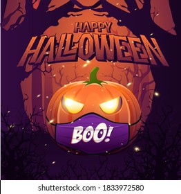 Happy Halloween pumpkin wearing mask vector illustration