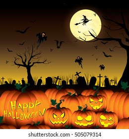 Happy Halloween Pumpkin and Witch Ghost Bats with tree in moon night on black sky.