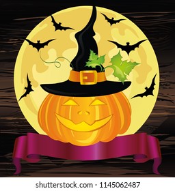 Happy Halloween pumpkin with a witch hat. Ribbon for text. Vector on wooden background. Greeting card or invitation for a holiday.