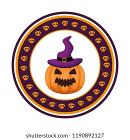 happy halloween pumpkin with witch hat seal