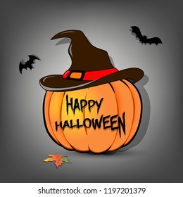 Happy Halloween. Halloween pumpkin in witch hat, maple leaf and bats. Design pattern for banner, poster, greeting card, flyer, party invitation. Vector illustration