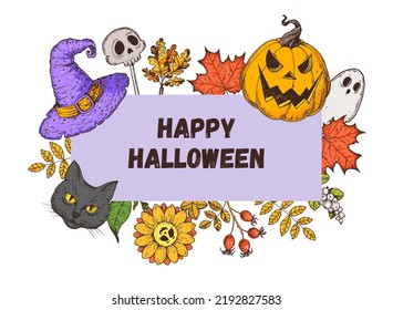 Happy halloween  Pumpkin  witch hat  ghost  magic black cat  autumn leaves illustration  Greeting card  Halloween label  Hand drawn vector illustration  Design template  Cartoon style 