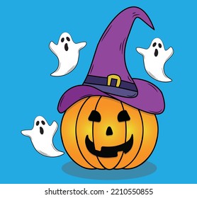 Happy Halloween pumpkin in a witch hat with Cute ghost Halloween festival concept vector illustration