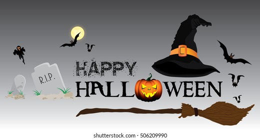 Happy Halloween and Pumpkin, Witch, Spooky, Bats, Objects on black and white background.
