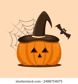 Happy Halloween. Pumpkin in a witch's hat, cobweb and cauldron. Vector illustration.