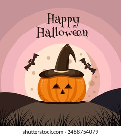 Happy Halloween. Pumpkin in a witch's hat and a full moon night. Greeting card, poster, banner. Vector illustration.