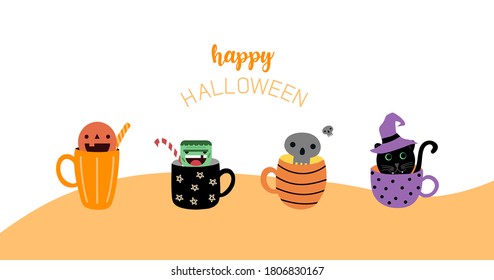 Happy Halloween with pumpkin ,zombie  , skull and black witch cat on orange and white background for banner or web header 