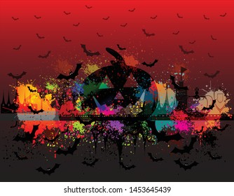 Happy Halloween with pumpkins and bat dark castle on silhouette background, Festival concept, Vector illustration.
