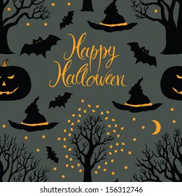 Happy Halloween, pumpkins and bats. Black trees on a dark background