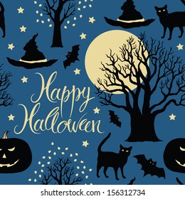 Happy Halloween, pumpkins, bats and cats. Black trees and a bright moon on a blue background