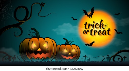 happy halloween pumpkins, bats and full moon on dark night background decoration for poster, web, banner, sticker and card vector illustration