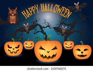 Happy Halloween. Pumpkins, Bats, Owl, Trees, Silver Moon. Halloween
