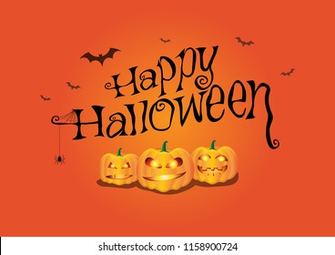 Happy Halloween with pumpkins, bats and spider, isolated vector banner on orange background.