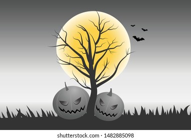 Happy Halloween. Pumpkins and bats with tree and full moon in background. Vector illustration.