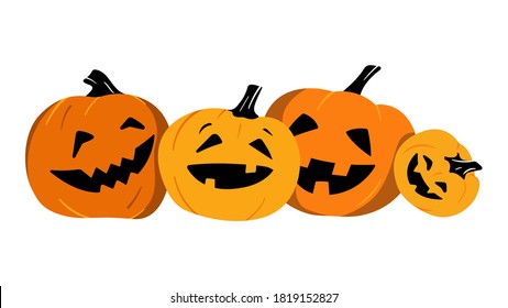 Happy Halloween pumpkins. Bright pumpkins are smiling, laughing, having fun. Funny pumpkins. Happy Halloween holiday. Vector illustration. Isolated on white background. 