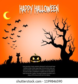 Happy halloween. Pumpkins, cat, flying bats and cemetery forest on orange background. Design pattern for banner, poster, greeting card, flyer, party invitation. Vector illustration