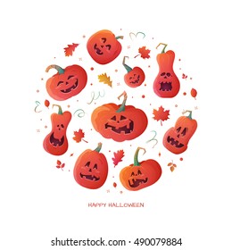 Happy Halloween. Pumpkins in a circle, on a holiday greeting card.