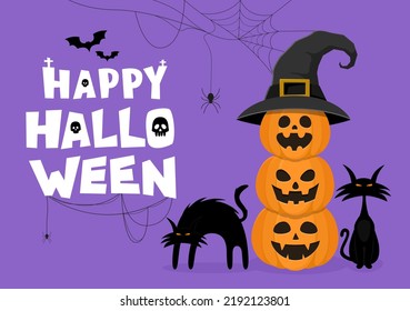 Happy Halloween. Pumpkins and creepy black cats. Vector illustration. 