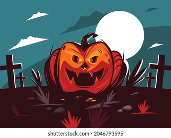 Happy halloween and pumpkins in dark night under the moonlight