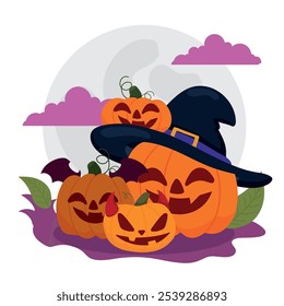 Happy Halloween pumpkins decorated with witch hat and devil horns, full moon, Vector illustration