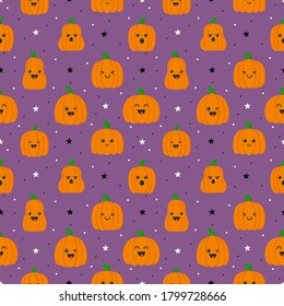 happy halloween pumpkins with different faces seamless pattern isolated on purple background. vector illustration.