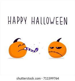Happy halloween pumpkins. Flat funny stickers with hand drawn lettering. Vector illustration isolated on white background.