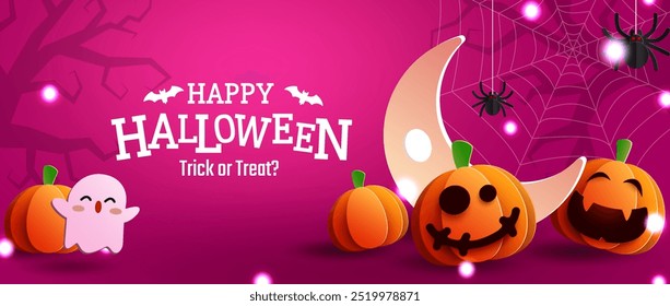 Feliz Halloween com abóboras, fantasma, lua crescente e teia de aranha em fundo rosa. Ilustração de vetor.