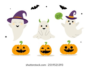 Fröhliche Halloween Kürbisse und Geister. Nette Zeichen im flachen Stil. Set von Elementen für Design, Banner, Poster, Flyer, Aufkleber, Scrapbooking.