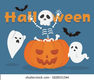 Happy Halloween pumpkins with ghosts and skeletons, cartoon comic vector illustration, card