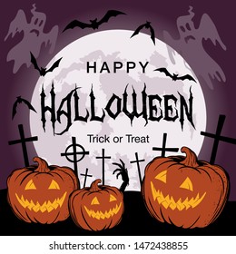 Happy Halloween. Pumpkins Jack O’ Lantern vector illustration. Full moon background.
