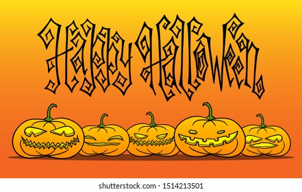 Happy Halloween with pumpkins. Jack-o-lantern holiday vector orange illustration. Dark creepy greeting card. Hand lettering.
