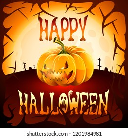 Happy Halloween. Halloween pumpkins with luminous eyes and mouth on the background of the glowing moon and cemetery
