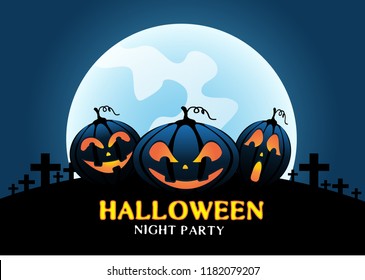 Happy Halloween pumpkins on blue moon light night party celebration festival vector illustration.