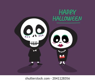 Happy Halloween with pumpkins on dark background.
