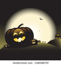 Happy halloween pumpkins on the field in dark night with yellow full moon. churchyard and bats in background.